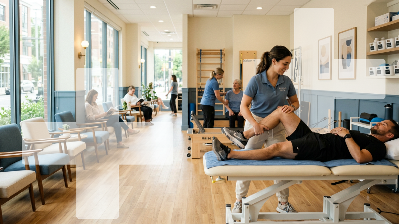 A physical therapy environment with a therapist and patient doing leg exercises from a table position. - Sopra Health PT Clinic 01