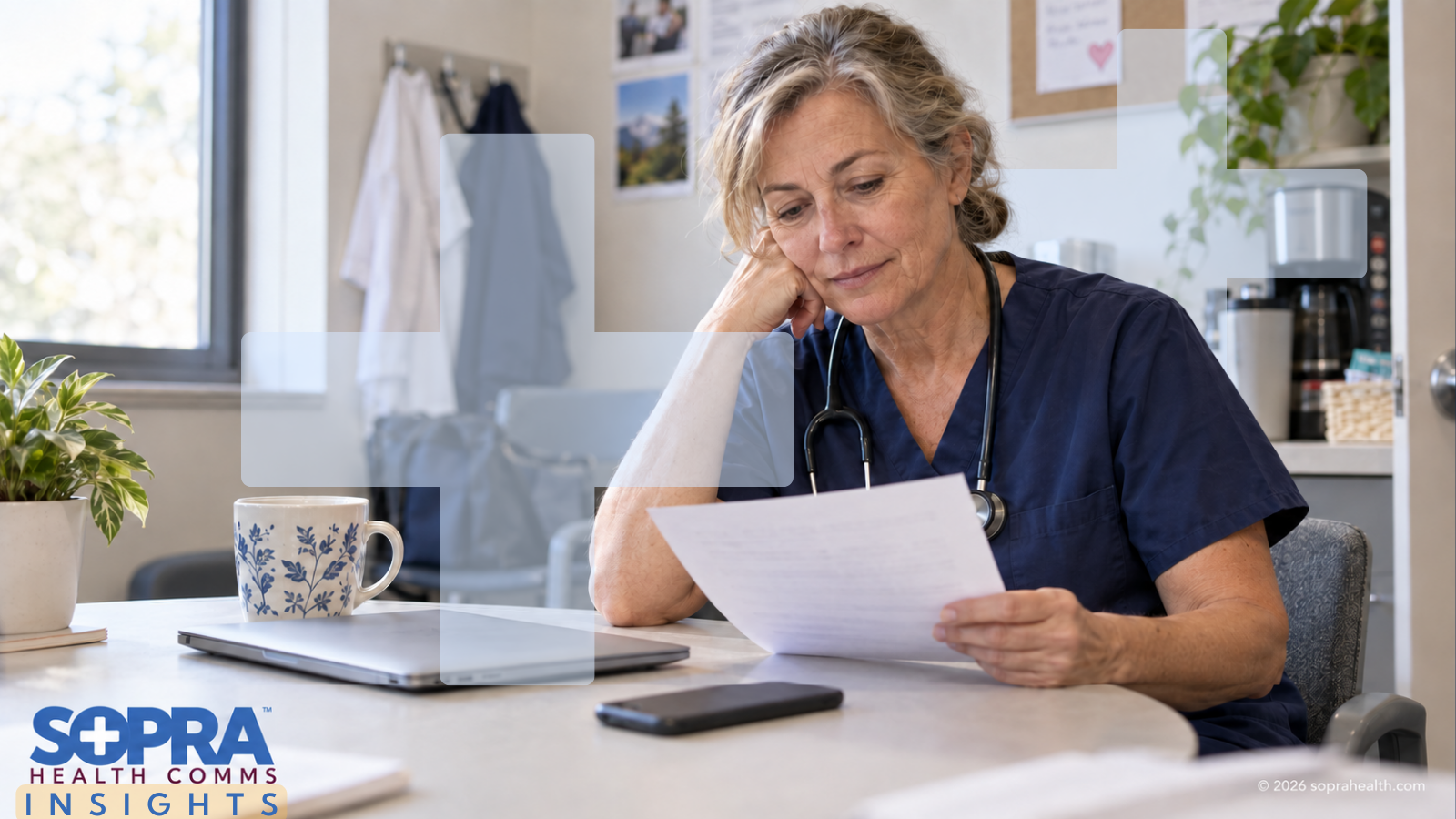 A practitioner reviewing an information packet while having a coffee in the breakroom - 104 hero sopra health insights