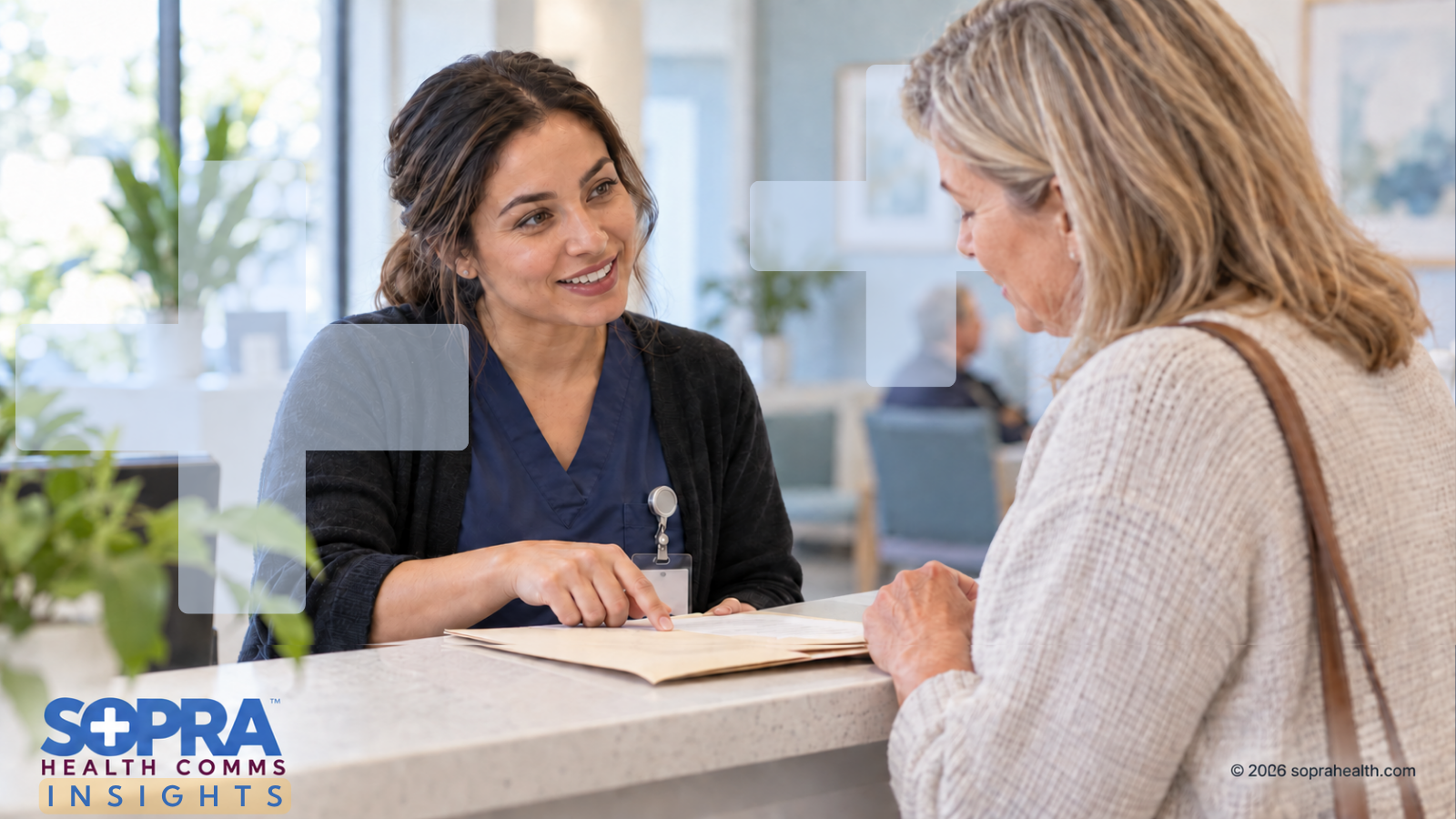 A patient receiving a file from a practitioner while standing in a reception area - 106 hero sopra health insights