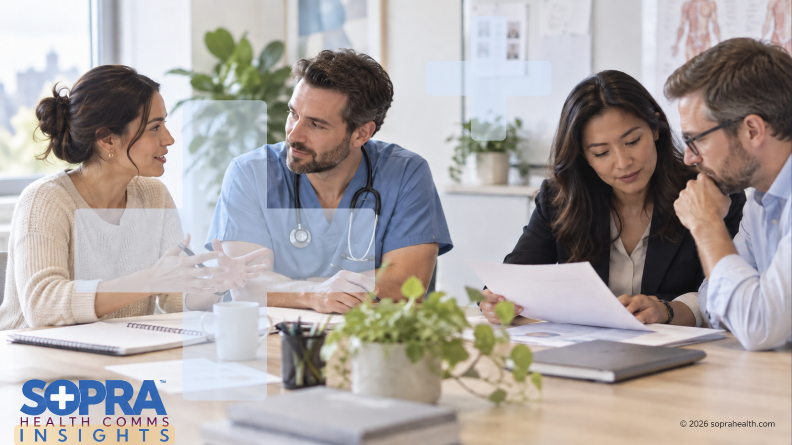 Two groups of two people reviewing patient information - 107 hero sopra health insights