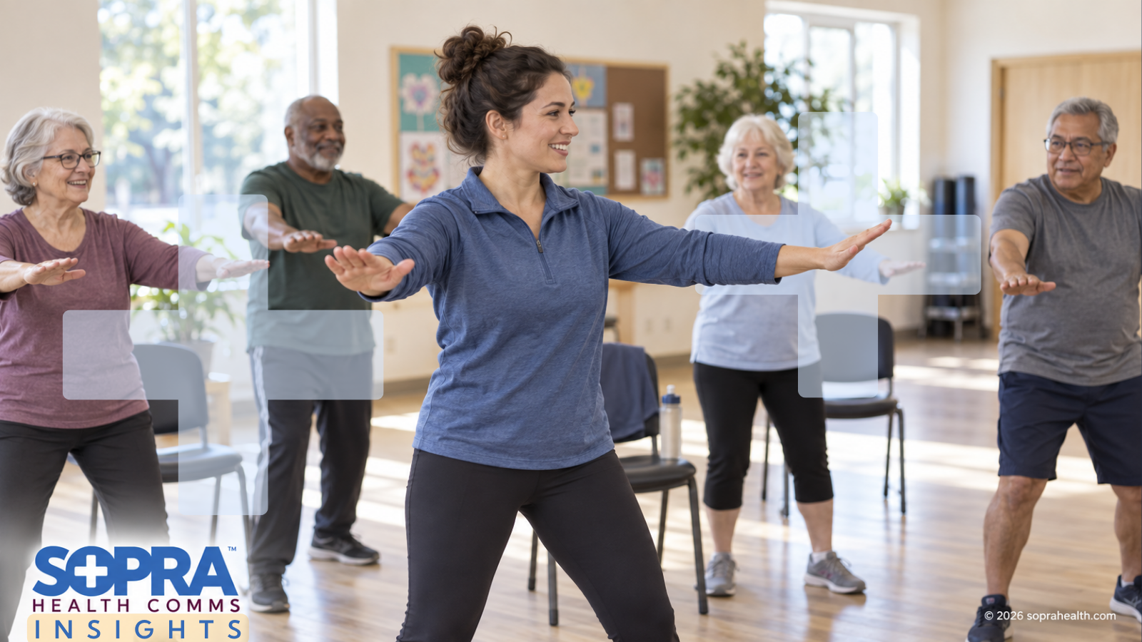A health group of 4 patients and one leader doing stretching exercises in a physical therapy setting - 110 hero sopra health insights