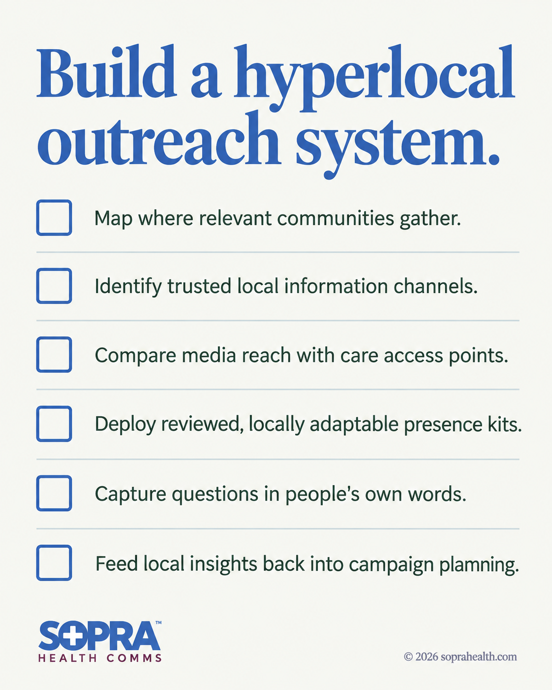 Recap: Map communities, identify trusted channels, compare access points, deploy kits, capture questions, provide feedback