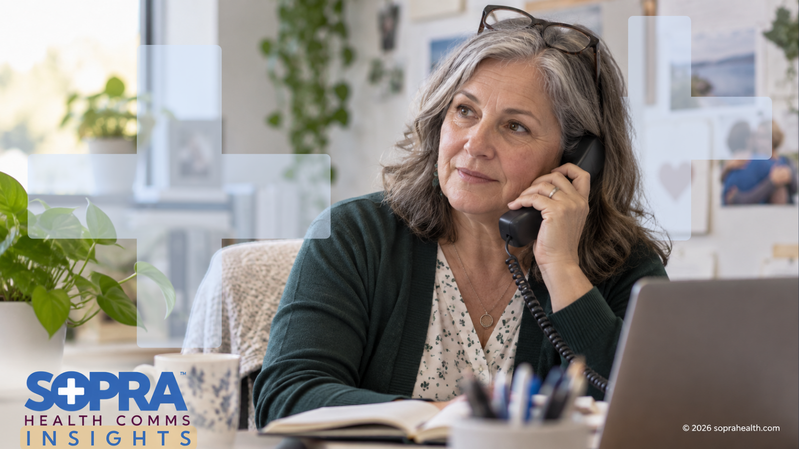 A woman on the phone with a thoughtful gaze whilst discussing possible outcomes - 403 hero sopra health insights