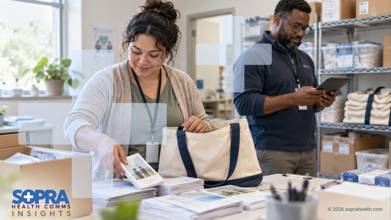 A two-person team assembling health information packets - 404 hero sopra health insights